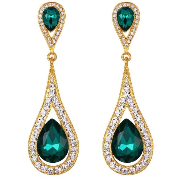 Yellow Gold with Emerald and Diamond Austrian Crystal Dual Teardrop Earrings
